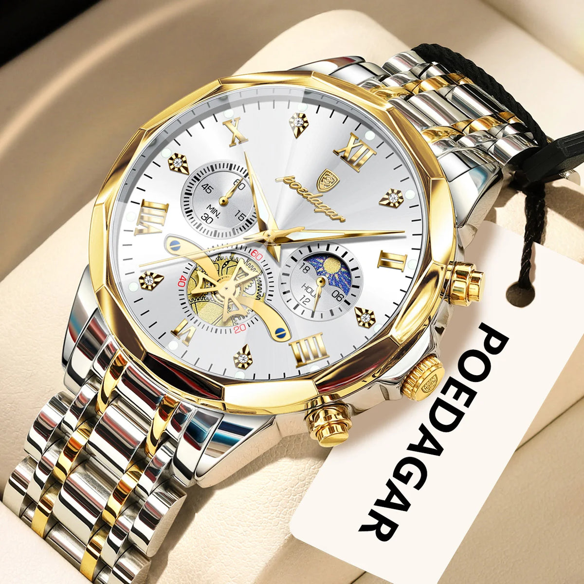 Original luxury POEDAGAR men’s watch, water-resistant, luminous chronograph, stainless steel quartz wristwatch, high-end men’s watches