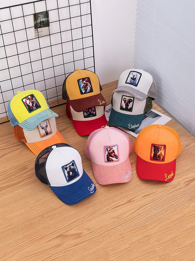 Unisex tinklinė kepurė su liūto raštu, su odiniu apdaila, moterims ir vyrams, vasarinė gyvūnų motyvo beisbolo kepurė, madinga „trucker“ stiliaus kepurė