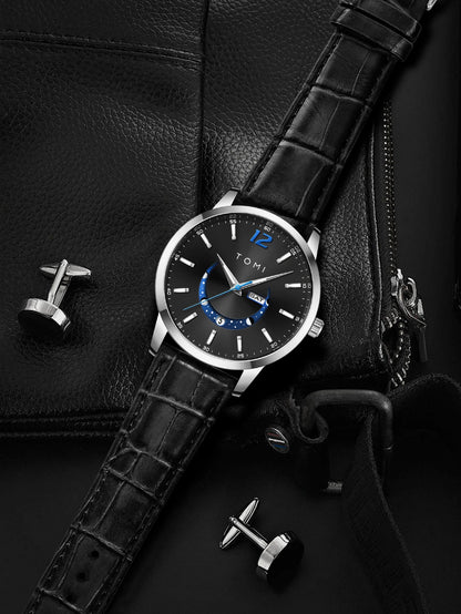 Orologio al quarzo TOMI, dallo stile elegante e professionale, con cinturino in pelle, cassa in lega e quadrante con lancette – Design di alta gamma, idea regalo per uomo