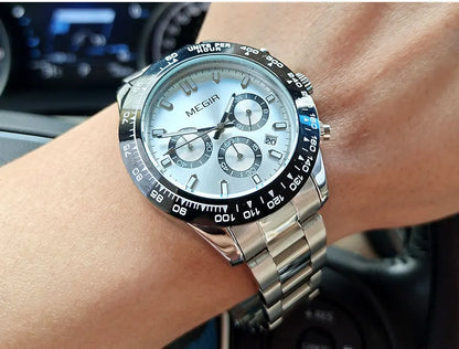 MEGIR men’s watch, luxury brand, quartz sports watch, stainless steel bracelet, water-resistant, chronograph, wristwatch