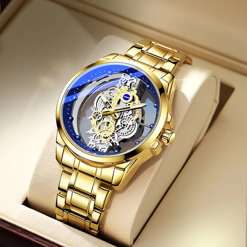 TPW men’s wristwatch – Trendy style, ‘skeleton’ model (black, gold or blue), quartz movement (non-automatic), luxury accessory, collection – Wholesale