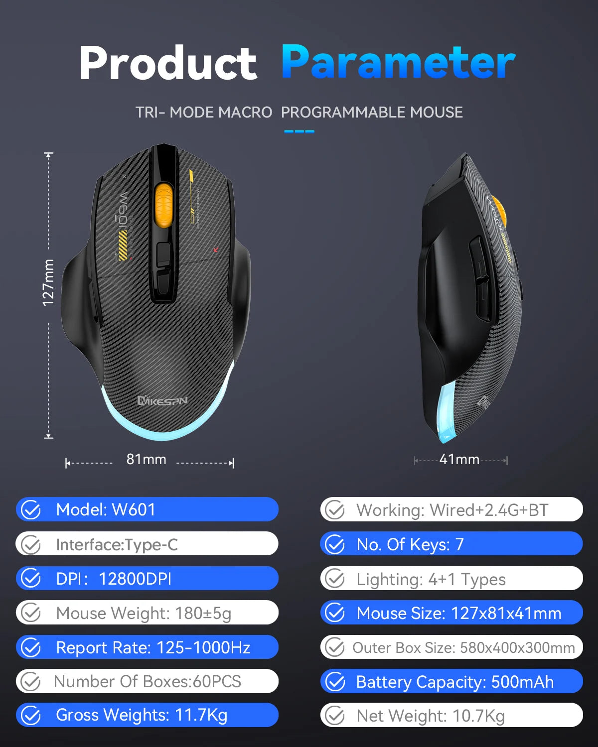 Mouse da gaming wireless Bluetooth, 12800 DPI, mouse RGB cablato/wireless con 7 pulsanti programmabili, per PC, laptop e gaming