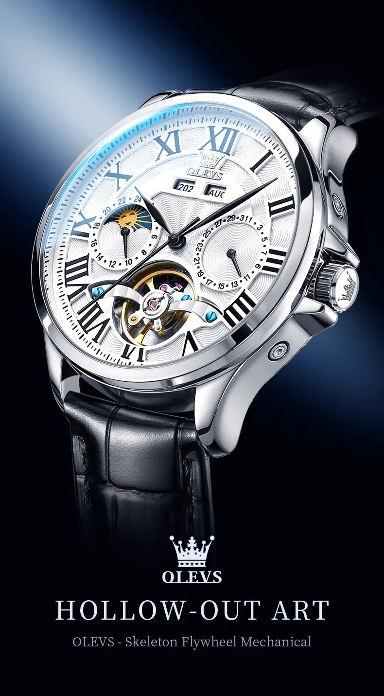 OLEVS 7013 Men's Watch Fashion Moon Phase Mechanical Watch For Men Waterproof Roman Scale Hollow Flywheel Automatic Hand Clock