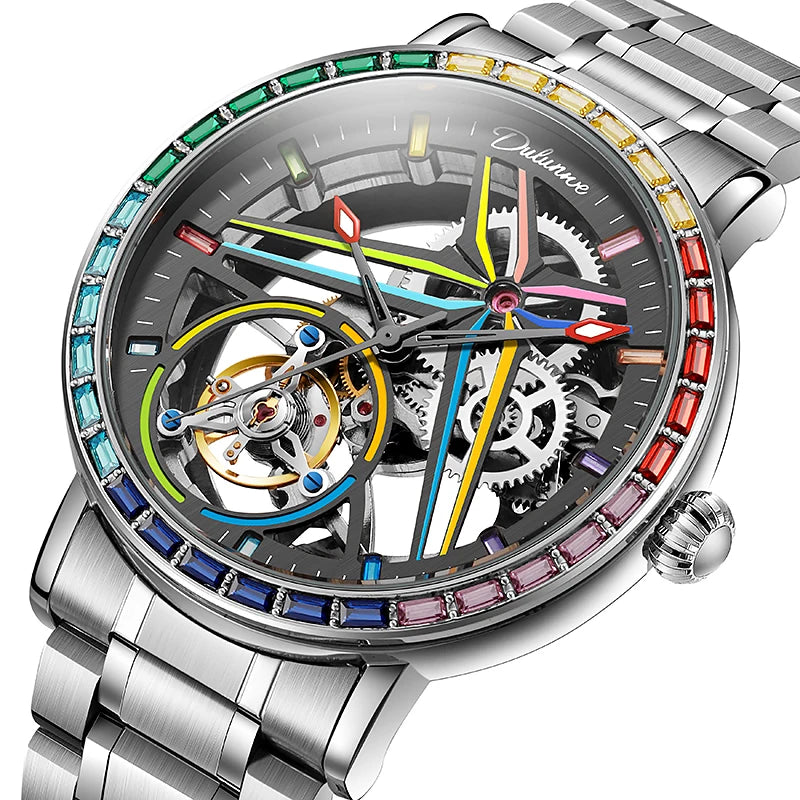 Férfi szkeleton óra, divatos stílusban, szivárvány színekben ragyogó drágakövekkel díszítve, tourbillon szerkezettel; luxus automata mechanikus óra, 30 méterig vízálló.