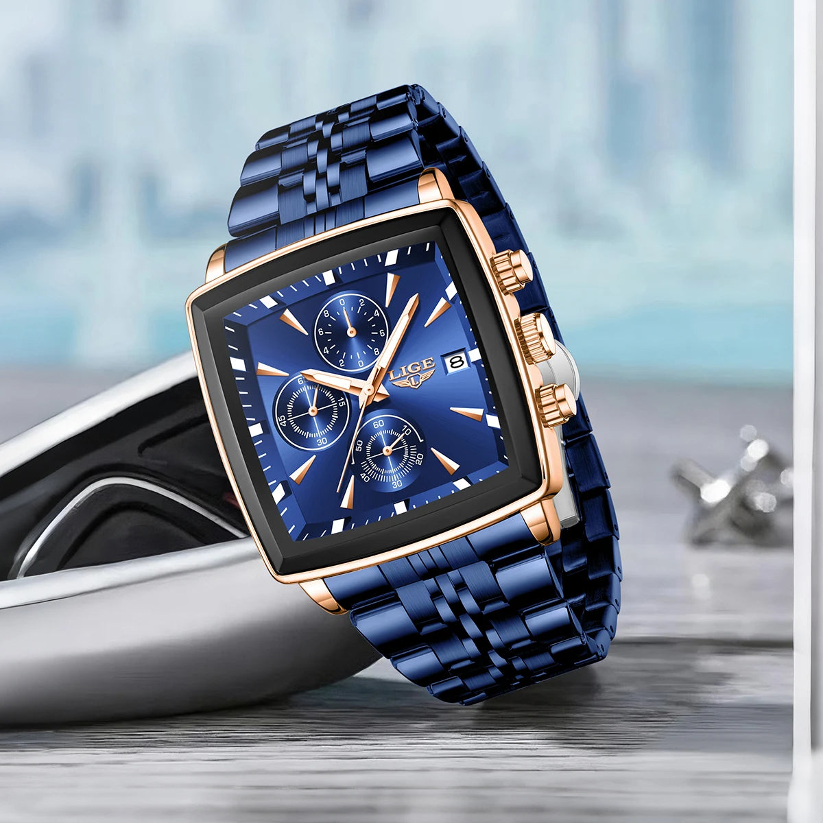 LIGE luxury men’s watches, square model, classic and trendy style, stainless steel, water-resistant, sporty and casual, with quartz movement.