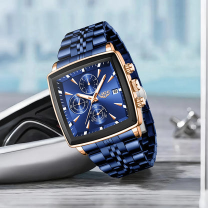 LIGE luxury men’s watches, square model, classic and trendy style, stainless steel, water-resistant, sporty and casual, with quartz movement.