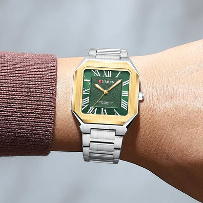 CURREN Vintage Square Design Dial with Roman Numeral Classic Business Dress Quartz Watch for Men with Luminous Hands 8482