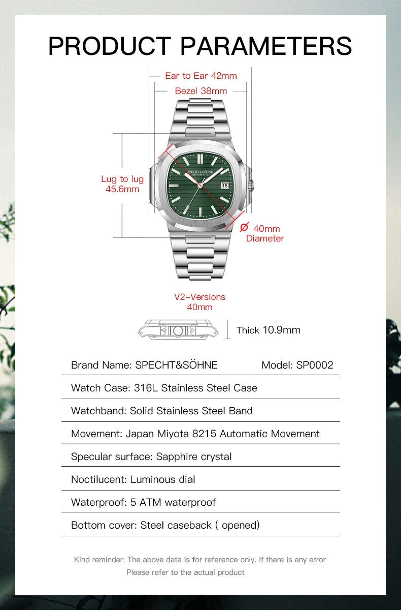 Specht&Sohne 2025 Nuevo reloj clásico de lujo para hombre, reloj automático para hombre en acero inoxidable con zafiro, 8215 reloj de pulsera mecánico