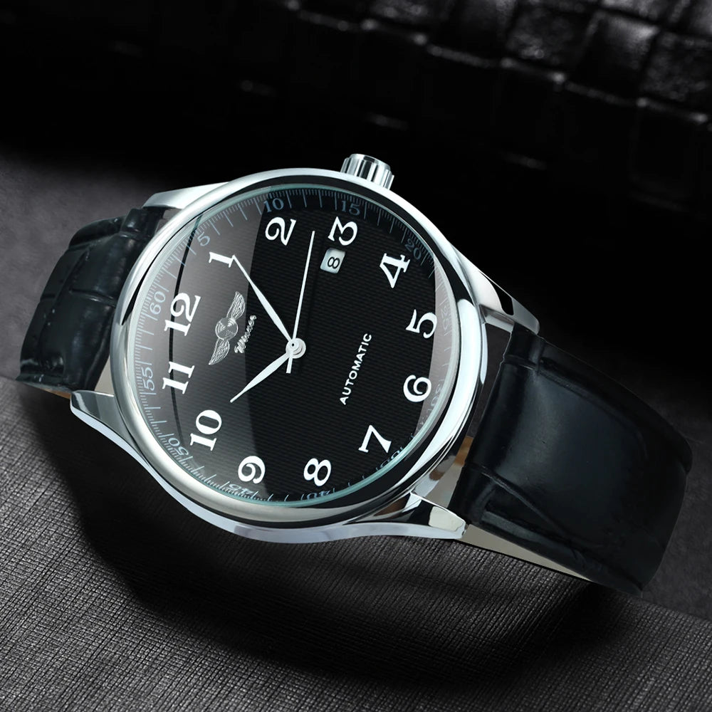 Classic men’s watch – Retro style with date display and blue hands, automatic mechanical movement, prestigious brand, steel case and leather strap