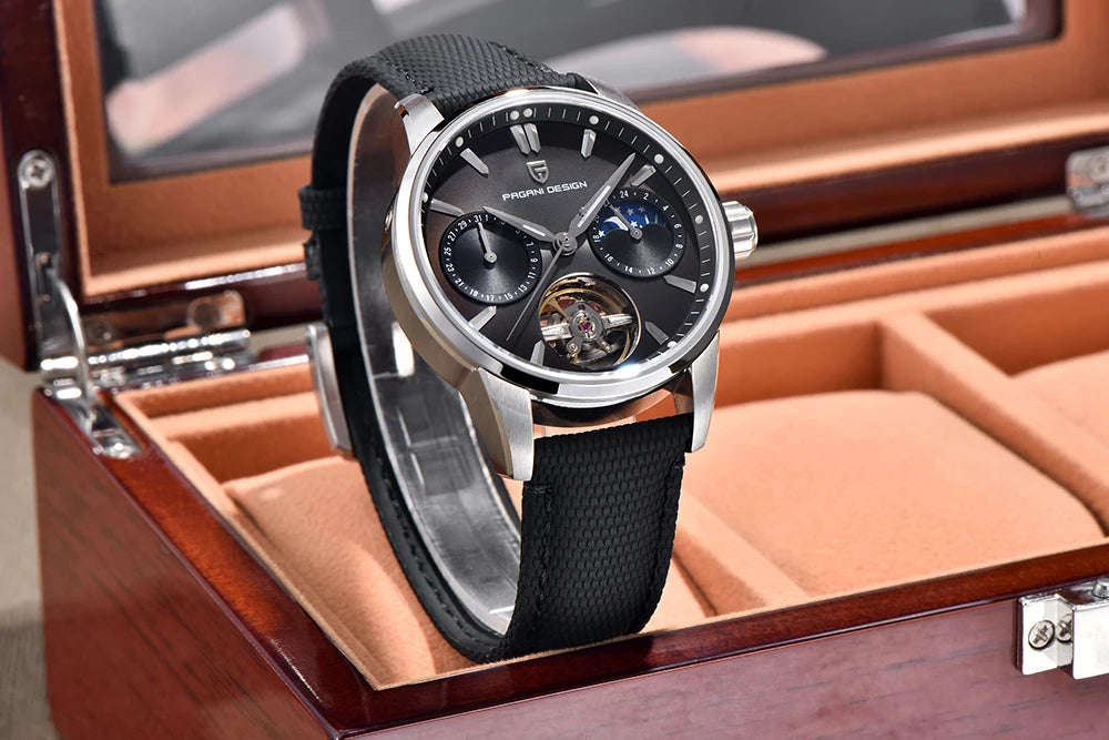 PAGANI DESIGN – Luxus mechanikus férfi karóra, 41 mm, zafírüveg, bőr szíj, vízálló, pilóta stílusú, tourbillon és holdfázis kijelzővel