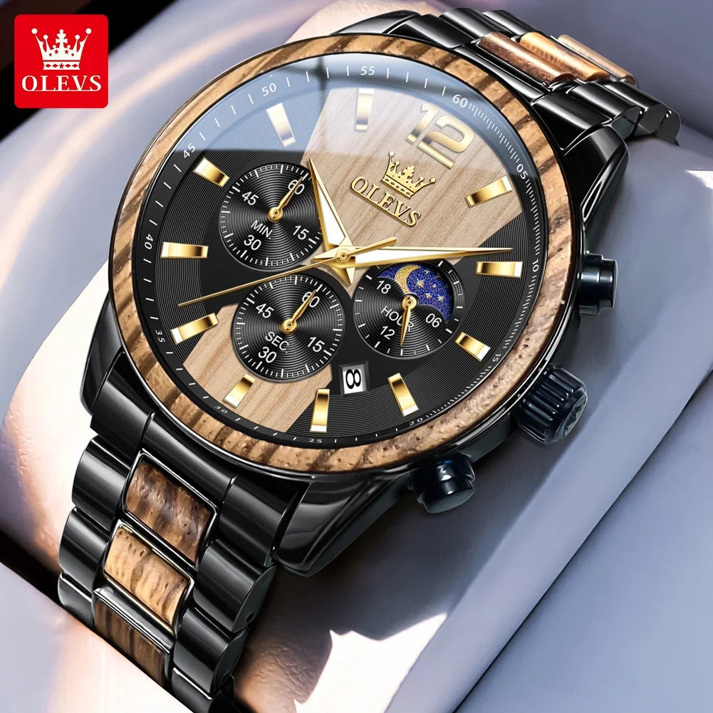 OLEVS 3645 men’s wooden watch, luxury, with night-light, multifunctional chronograph, quartz, retro style, trendy sports watch.