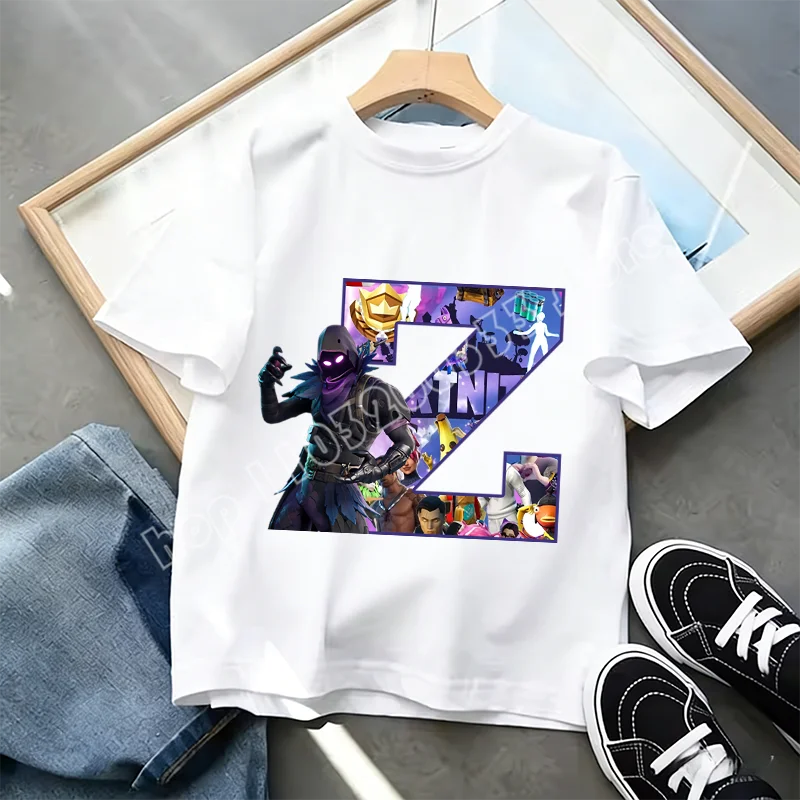 Fortnite A-Z Alphabet Print T-Shirt Summer Kids White Clothing Popular Cartoon Game T-Shirt Fashion Casual Short Sleeve Top Gift