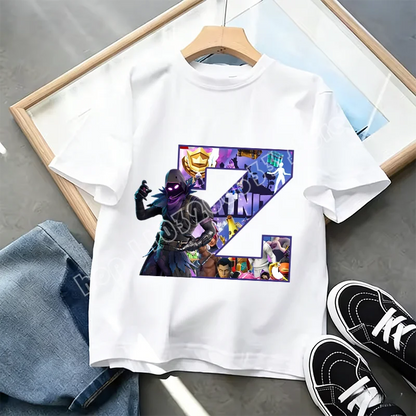 Fortnite A-Z Alphabet Print T-Shirt Summer Kids White Clothing Popular Cartoon Game T-Shirt Fashion Casual Short Sleeve Top Gift