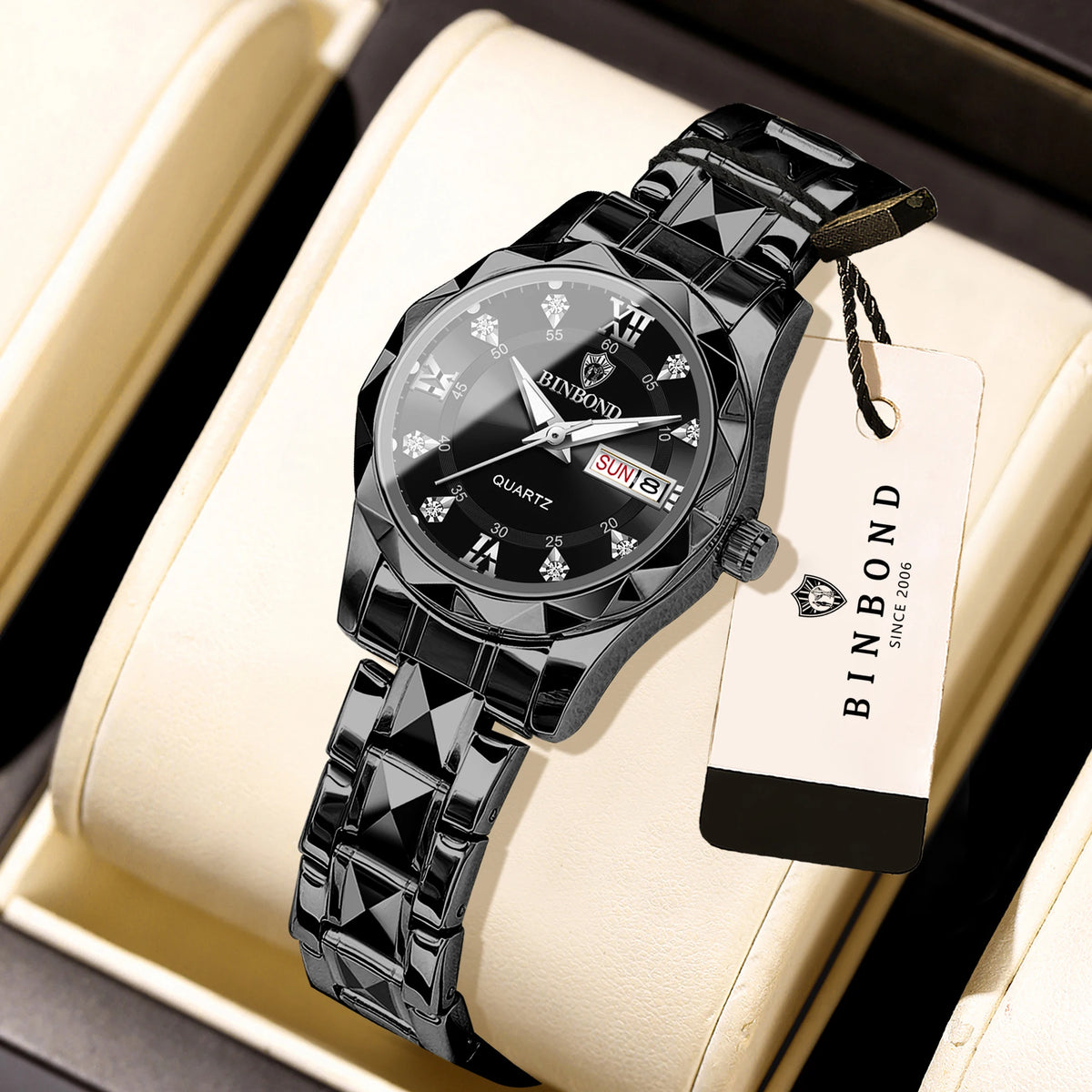 BINBOND ladies’ watch: a robust, luxurious, luminescent and water-resistant quartz watch, featuring an accurate date and day-of-the-week display.