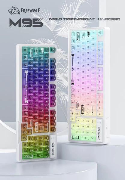 Tastiera cablata FREEWOLF M95 con design trasparente RGB, ideale per diversi scenari come gaming e lavoro d’ufficio