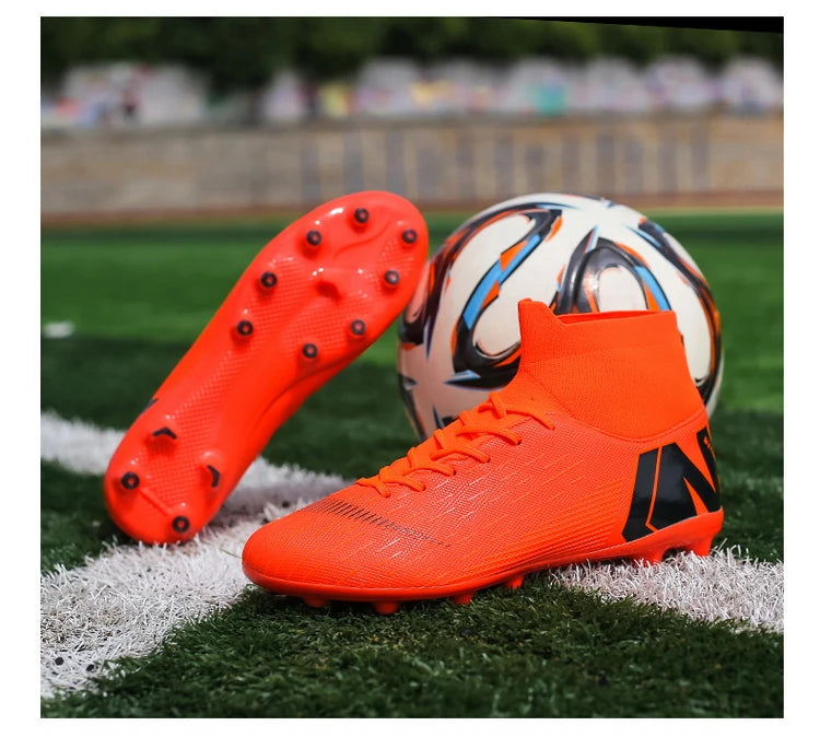 Crampons de Football pour hommes, bottes de Football, crampons d'entraînement, professionnels, résistants à l'usure, antidérapants, longues pointes TF/FG, rouge, nouveau