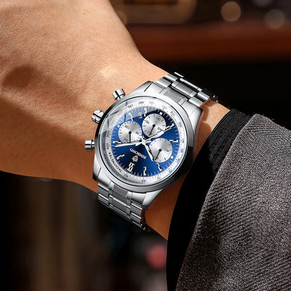 BINBOND men’s quartz watch: elegant, robust and accurate, with automatic date, chronograph, luminescent hands and water-resistant. Casual style.