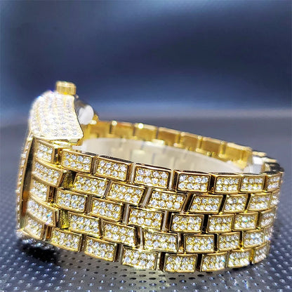 Stainless Steel Men's Watches Luxury Diamond Silver Iced Out Quartz Watch Top Brand 30M Waterproof Big Dial Tonneau Reloj Hombre