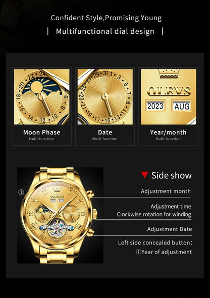 OLEVS 7005 Classic Business Mechanical Wristwatch for Men Skeleton Flywheel 24 Hour Moon Phase Calendar Luxury Men's Watch