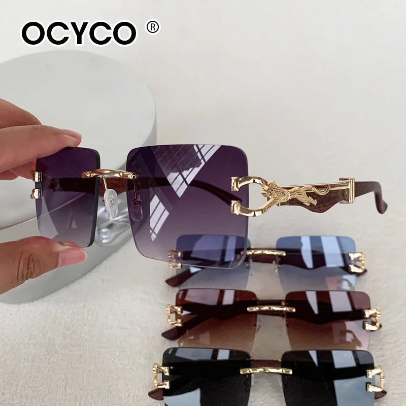 Fashion Rimless Square Sunglasses For Man Leopard Design Gradient Sun Glasses Woman Luxury Outdoor Eyewear UV400
