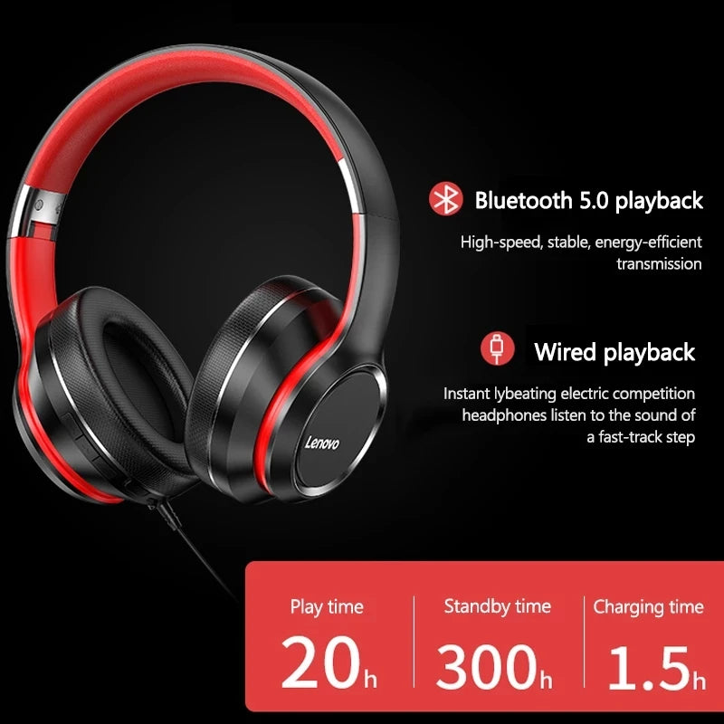 Lenovo HD200 Bluetooth Wireless Headphones – Noise Cancelling Over-Ear Gaming Headset with HiFi Stereo Sound & Microphone