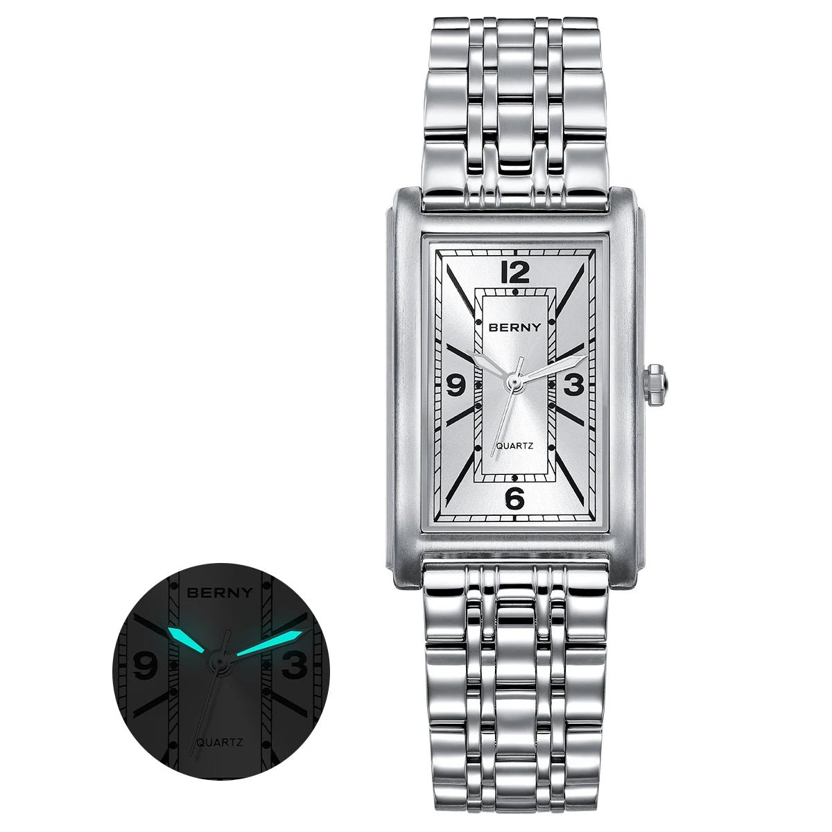 BERNY square men’s watch – Quartz movement, Roman numeral dial, luminescent display, 316L stainless steel case – An elegant and casual rectangular watch