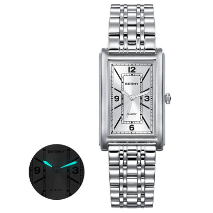 BERNY square men’s watch – Quartz movement, Roman numeral dial, luminescent display, 316L stainless steel case – An elegant and casual rectangular watch