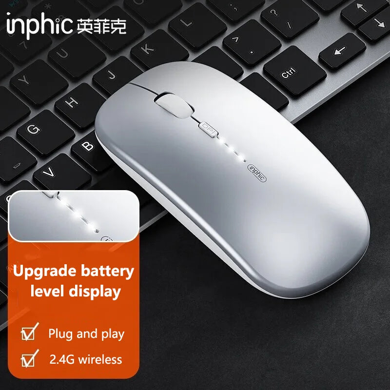 Mouse Wireless Silenzioso da Ufficio Inphic M1P Ultra-Sottile Portatile con Interfaccia USB, Indicatore Batteria e Ricarica TYPE-C