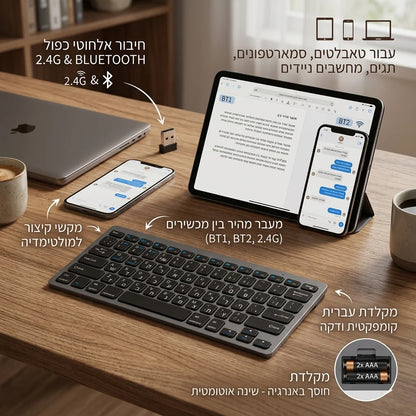 Hebräisch-englisches Layout – kabellose Bluetooth- & 2.4G-Dual-Mode-Tastatur, schlank, kompakt und ergonomisch für Windows, iOS und Android