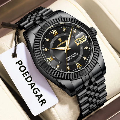 Reloj para hombre POEDAGAR: modelo de lujo, resistente al agua, de acero inoxidable, con pantalla luminiscente, estilo militar, función de fecha, mecanismo de cuarzo, ideal para el trabajo o para ocasiones profesionales.