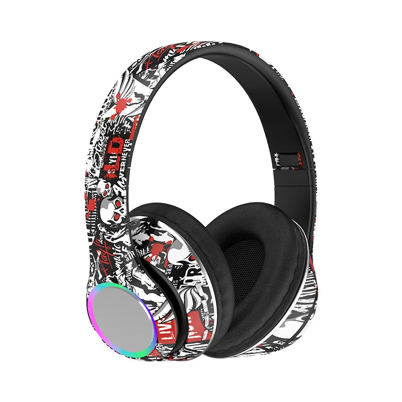P85 Graffiti Wireless Headset Bluetooth 5.3 Gamer Headphones with Microphone Overhead Headphone with LED Light Foldable FM Radio
