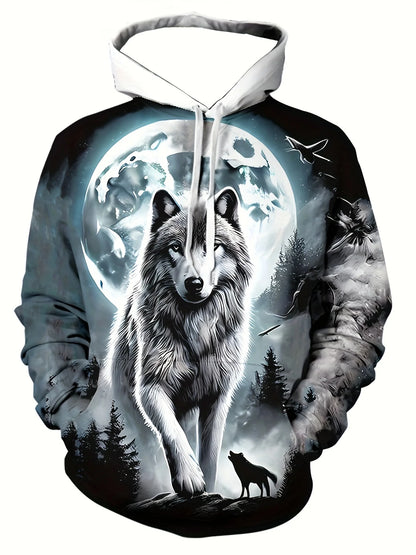 Herren-Outdoor-Hoodie mit 3D-Wolf-Grafik, Streetwear-Kapuzenpullover mit Fronttasche und Designer-Sweatshirt-Stil
