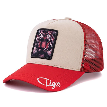 Unisex tinklinė kepurė su liūto raštu, su odiniu apdaila, moterims ir vyrams, vasarinė gyvūnų motyvo beisbolo kepurė, madinga „trucker“ stiliaus kepurė
