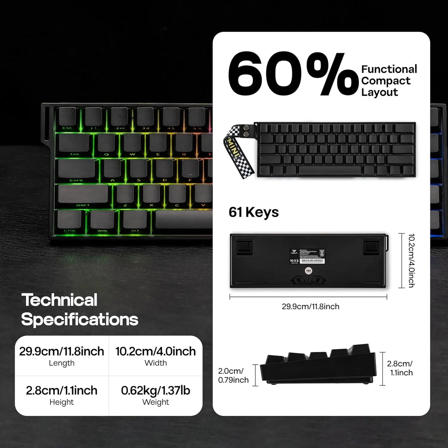 Teclado mecánico inalámbrico AULA Mini60 HE/Pro/Max 60% con interruptores magnéticos RGB, trimodo, 8000Hz, 0.01mmRT para PC, regalos para gamers