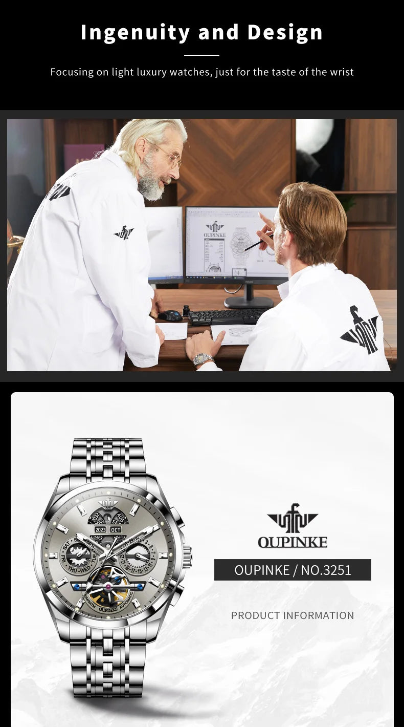 OUPINKE 3251 Watch For Men Auto Date Hollow Skeleton Luxury Automatic Mechanical Hand Clock Top Brand Waterproof Man Watches