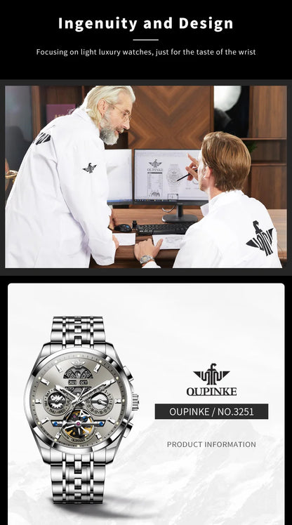 OUPINKE 3251 Watch For Men Auto Date Hollow Skeleton Luxury Automatic Mechanical Hand Clock Top Brand Waterproof Man Watches