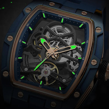 MEGIR Fashion Leisure Alloy Case Men Mechanical Watch Silicone Band Barrel Shaped Dial Luminous Pointer Design Man Wristwatch