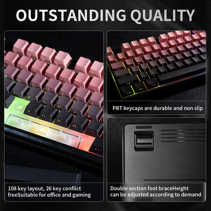 V108 Pro Bluetooth-Tastatur Büro, geräuscharm, 2.4G kabelgebunden & kabellos, vollständiges Layout mit RGB-beleuchteter Membran