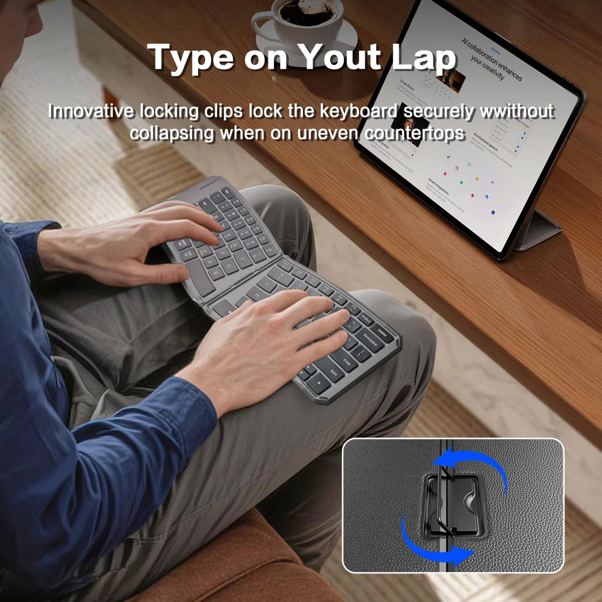 Tastiera Bluetooth ergonomica pieghevole, tastiera compatta divisa portatile per viaggi di lavoro, tastiera wireless pieghevole ricaricabile