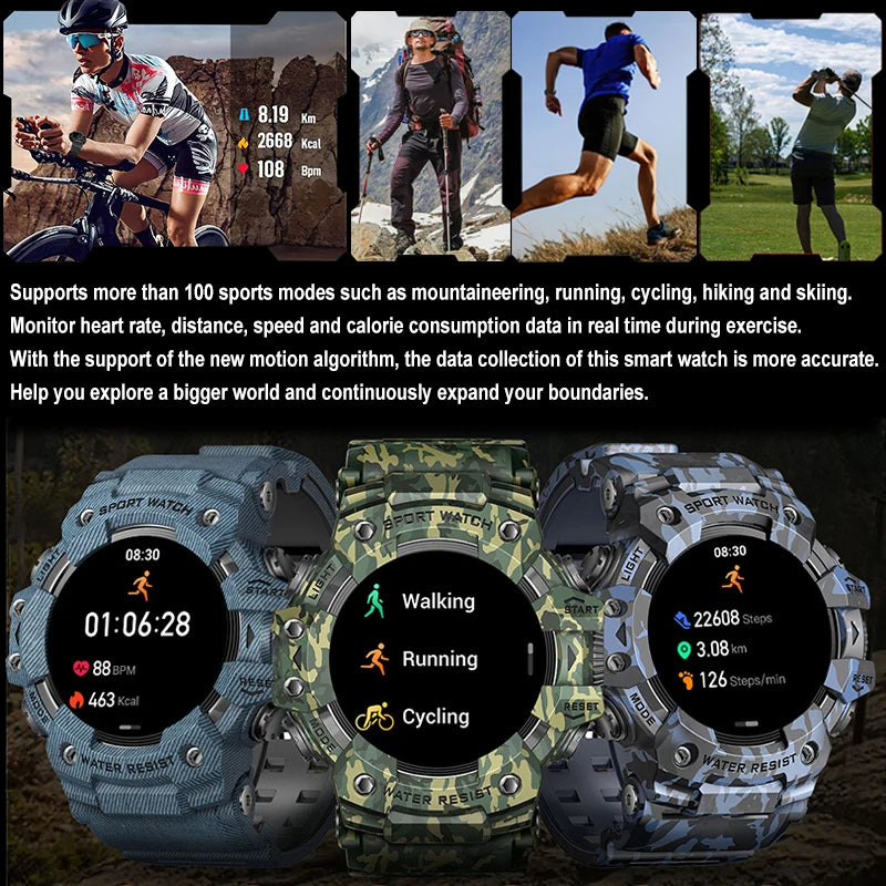New Military Sports Smart Watch Men 100+ Sports Outdoor Fitness Compass Heart rate BT Call Waterproof Smartwatch For iOS Android