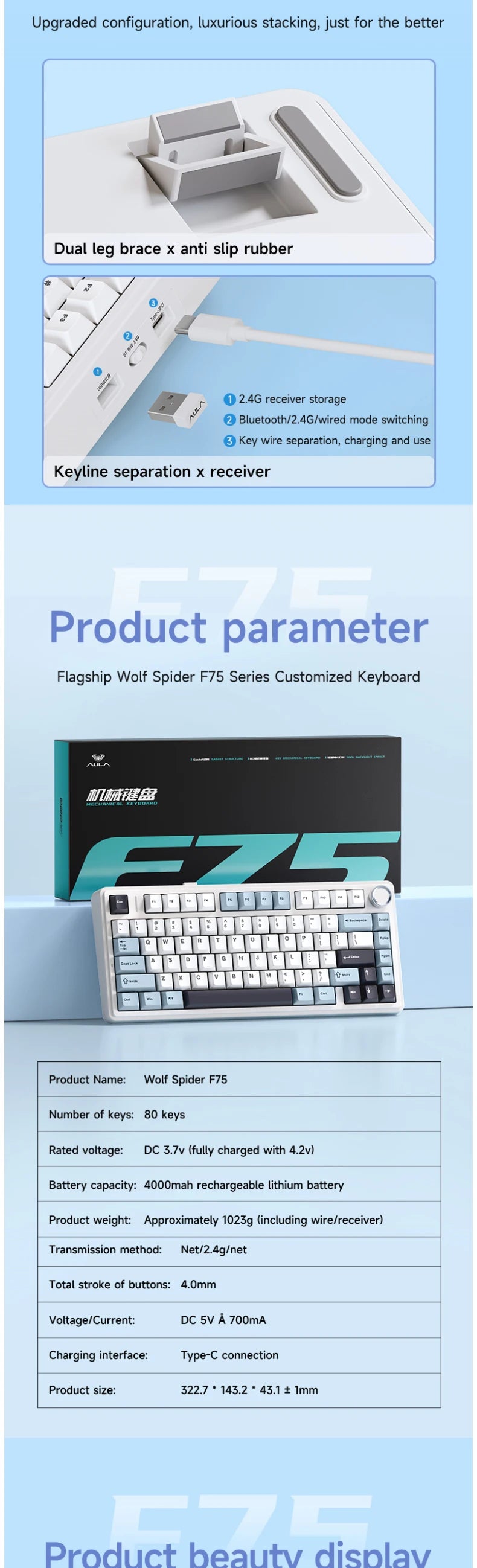 Original AULA F75 RGB LED Light PC Custom Bluetooth Wireless 2.4G Type-C Wired Gaming Mechanical Switch 75% Keyboard 82 Keys wit