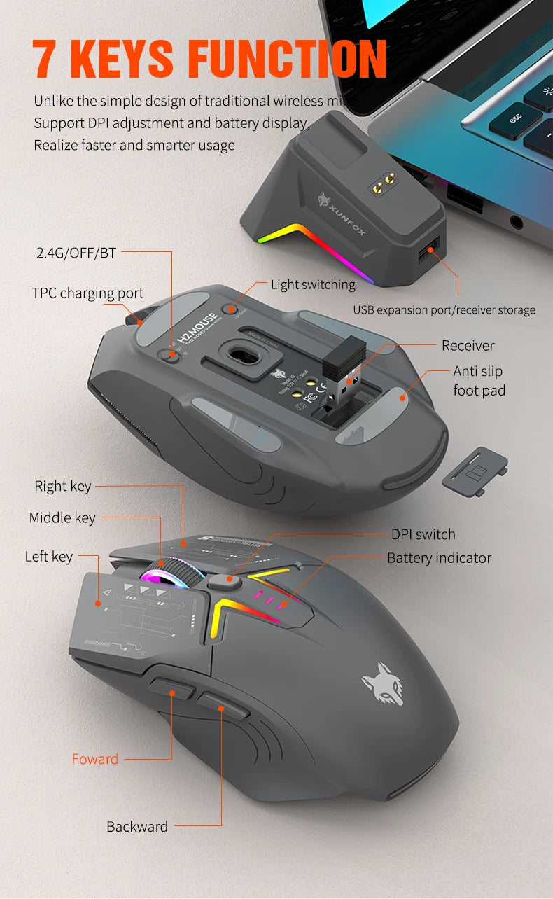 Mouse wireless Bluetooth dual-mode XUNSVFOX H2 con effetti di illuminazione RGB, per laptop, gaming e ufficio, ricarica magnetica