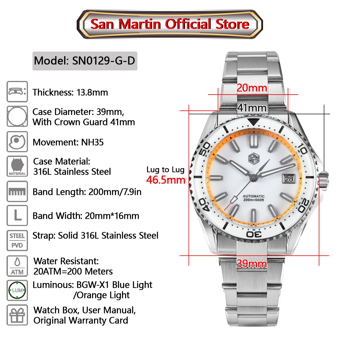 San Martin 2025 New Enamel Dial Full Luminous 39mm Dive Watch Luxury Men Watch NH35 Automatic Mechanical Waterproof 200m SN0129
