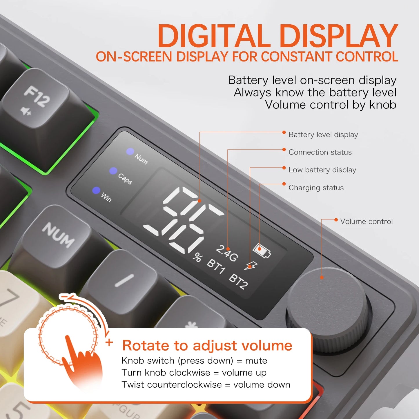 M96 kabellose Bluetooth-Tastatur FREEWOLF mit Digitalanzeige, RGB-Hintergrundbeleuchtung, 2000mAh-Akku & PBT-Tastenkappen für PC/Laptop
