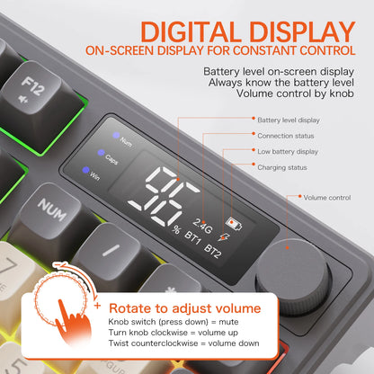 M96 kabellose Bluetooth-Tastatur FREEWOLF mit Digitalanzeige, RGB-Hintergrundbeleuchtung, 2000mAh-Akku & PBT-Tastenkappen für PC/Laptop