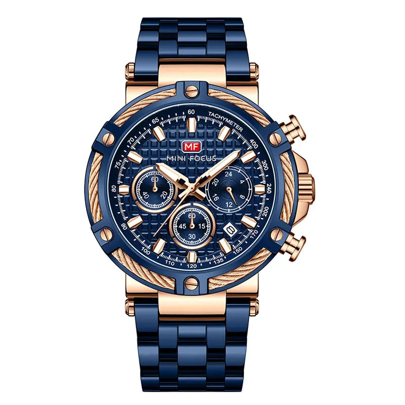 MINI FOCUS Black Stainless Steel Quartz Watch Men Fashion Luminous Dress Wristwatch with Date 24-hour Display Chronograph 0470