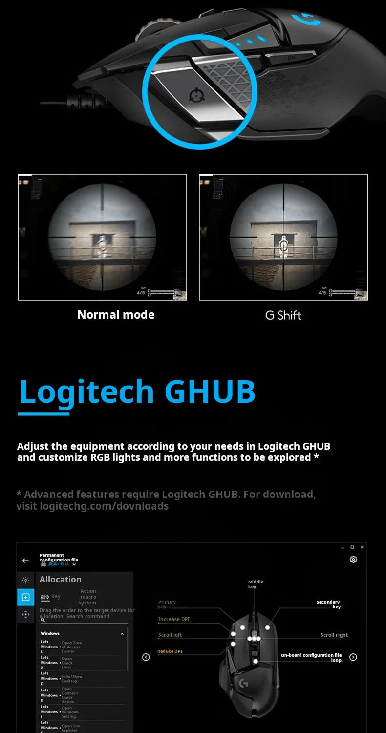 Ratón gaming con cable Logitech G502 HERO de alto rendimiento, sensor HERO 25K, 25,600 DPI, RGB, pesos ajustables, 11 botones, ratón para PC/Mac