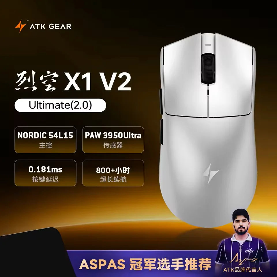ATK Blazing Sky X1 V2 Ultimate Dual Mode trådløs mus, letvægtsdesign, PAW3950 Ultra, Dual 8K HZ, lav latenstid, tilpasset ergonomisk mus
