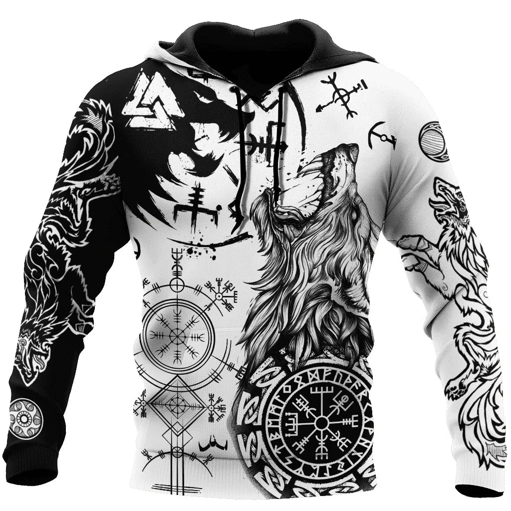 Felpa con cappuccio e felpa da uomo unisex casual autunnale New Wolf Tattoo Vegvisir nero bianco 3D con stampa integrale