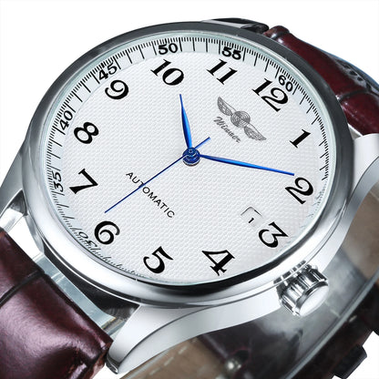 Herrklocka WINNER – Klassisk, retro och elegant stil – Mekanisk automatisk klocka med kalender – Lyxmärke, boett i stål och läderarmband